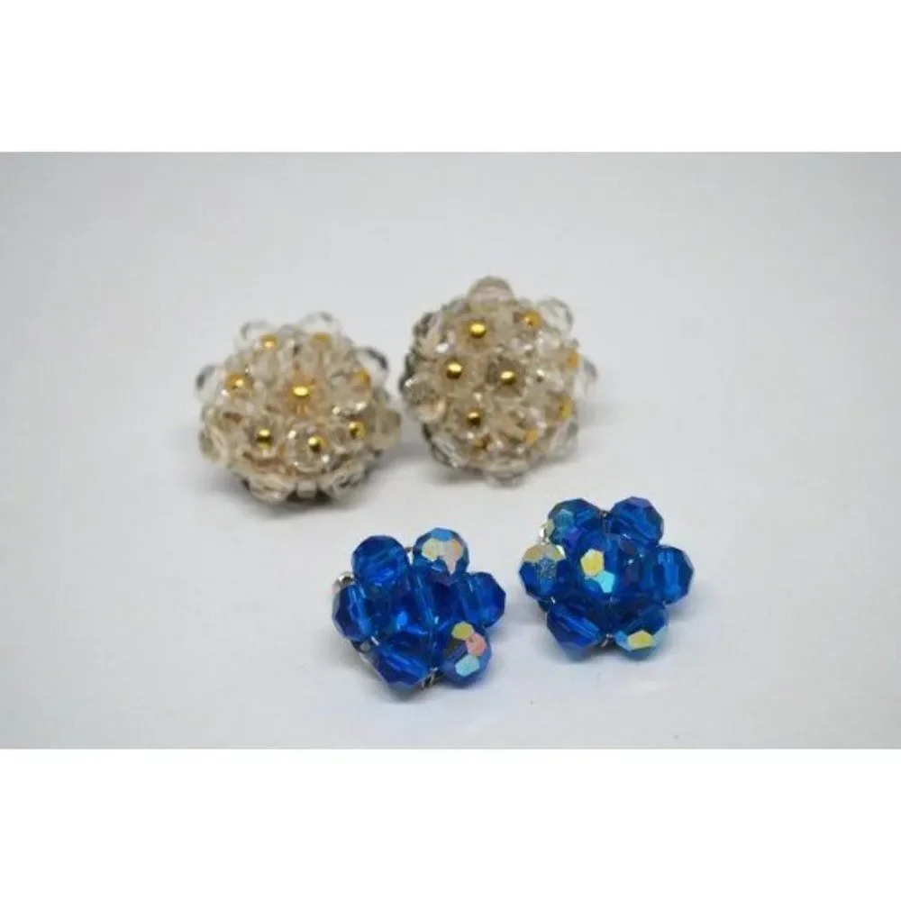Vintage Clip on Beaded Earrings with Sunburst Beads  Blue & White/Clear